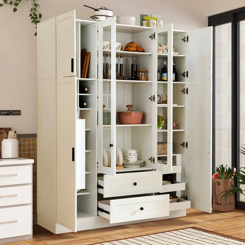 Modern 71" Tall Kitchen Pantry with Storage Cabinet, 6 Doors , Drawers, Adjustable Shelves,Pull-out Trays and Wine Rack