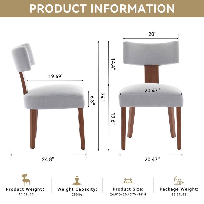 Set of 2 Linen Fabric Modern Armless Dining Chairs With Curved backrest and Solid Wooden Legs for Dining Room Living Room ,Gray