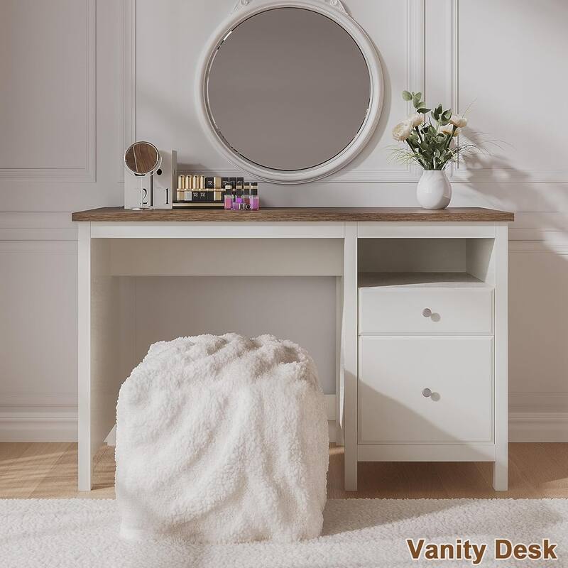 47" Farmhouse Wood Writing Desk With Drawers, Home Office Desk with Charging Station, 2 Storage Drawers and Open Shelf