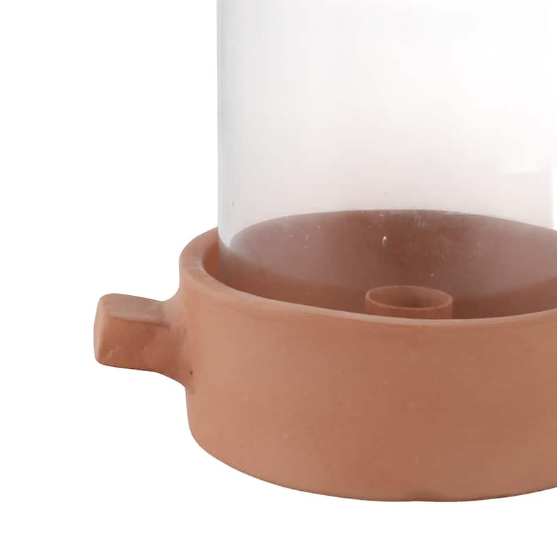 Pottery Glass Pillar and Taper Holder Rustic Base and Hurricane Sleeve - 7" x 5" x 13"