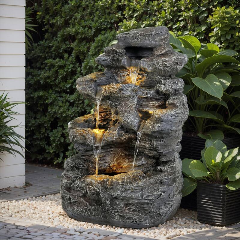 Roomfitters 24" 5-Tiered Tall Slim Concrete Outdoor Fountain with LED Lights, Space-Saving Faux Stone Column Water Feature, Gray