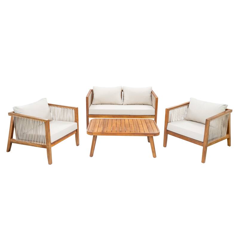 Christopher Knight Home - Outdoor Modern Solid Acacia Wood 4-Piece Conversation Set with Rope Accents and Cushions