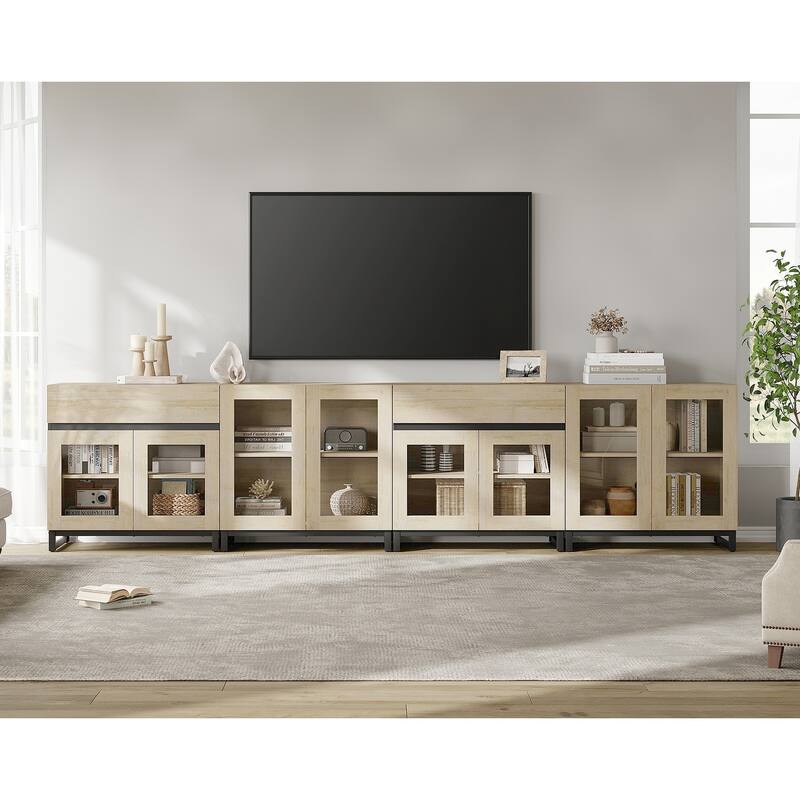 4-in-1 TV Stand for 120" TVs, Modern Console with Glass Doors & 2 Drawers, Adjustable Shelf