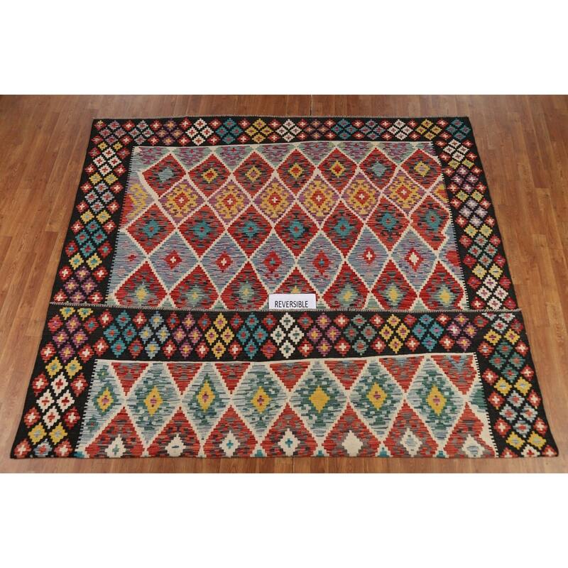 Reversible Oriental Kilim Area Rug Hand-Woven Multi-Color Wool Carpet - 8'3" x 9'8"