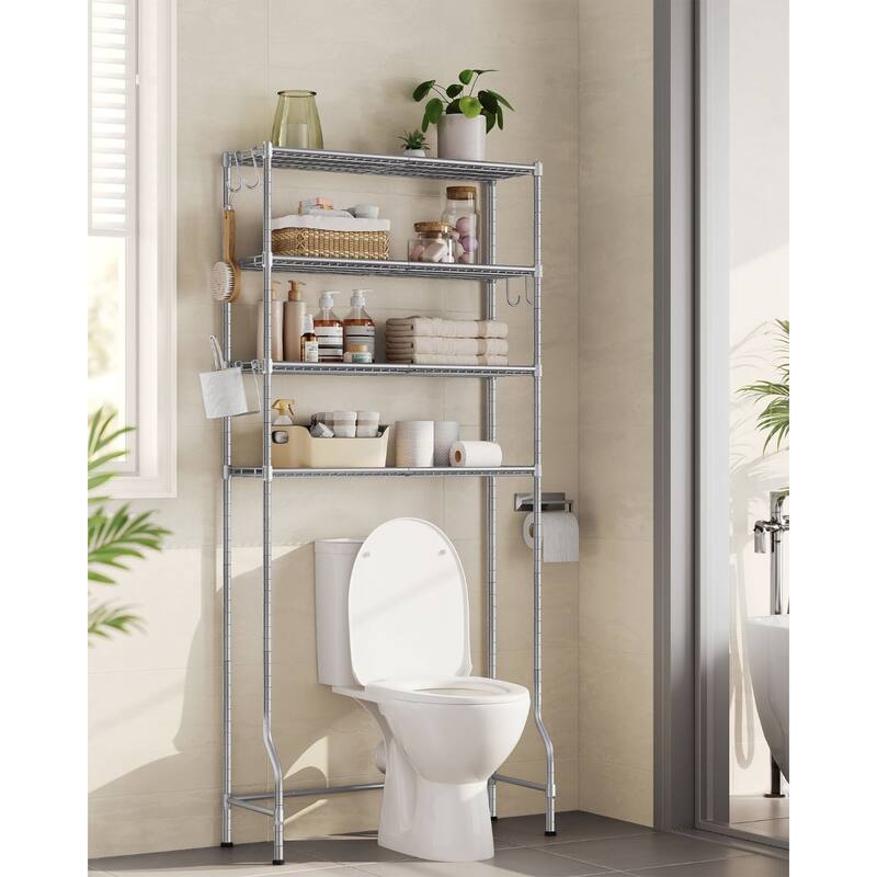 4-Tier Freestanding Metal Over-the-Toilet Storage Rack with 4 Adjustable Shelves and 4 Convenient Hoooks