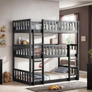 Luxury Twin Size Triple Rubber Wood Bunk Bed, with Ladders, Guardrails Detachable Bunk Bed, Twin over Twin over Twin, Black