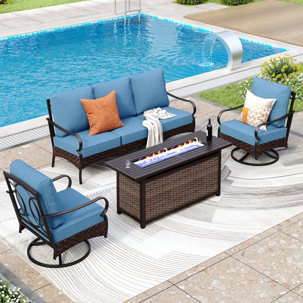 MAISON ARTS Patio Furniture Set with 56" Fire Pit Table, Deep Seating Sofa & Swivel, Rocking, and Fixed Chairs (5 Seats, Beige)