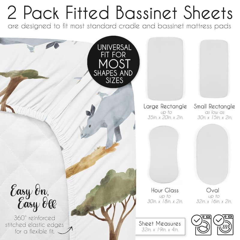 Sweet Jojo Designs Jungle Animals Boy Girl Gender Neutral 2 Pack Baby Bassinet Fitted Sheets Boho Safari Animal Elephant Giraffe