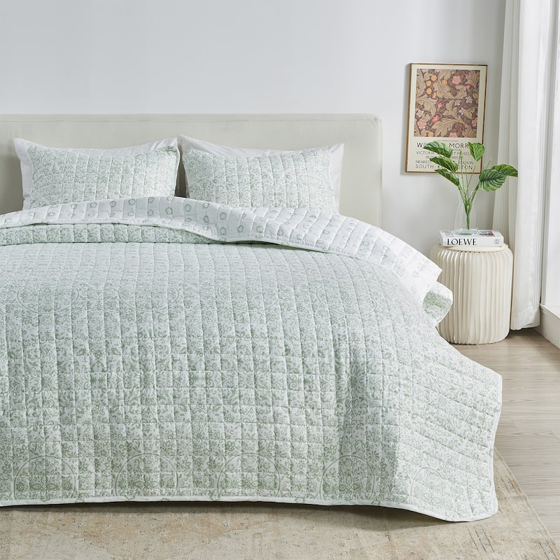 Linery & Co. Floral Printed Reversible Stitched Quilt Set with Shams - Eucalyptus Floral - Twin XL