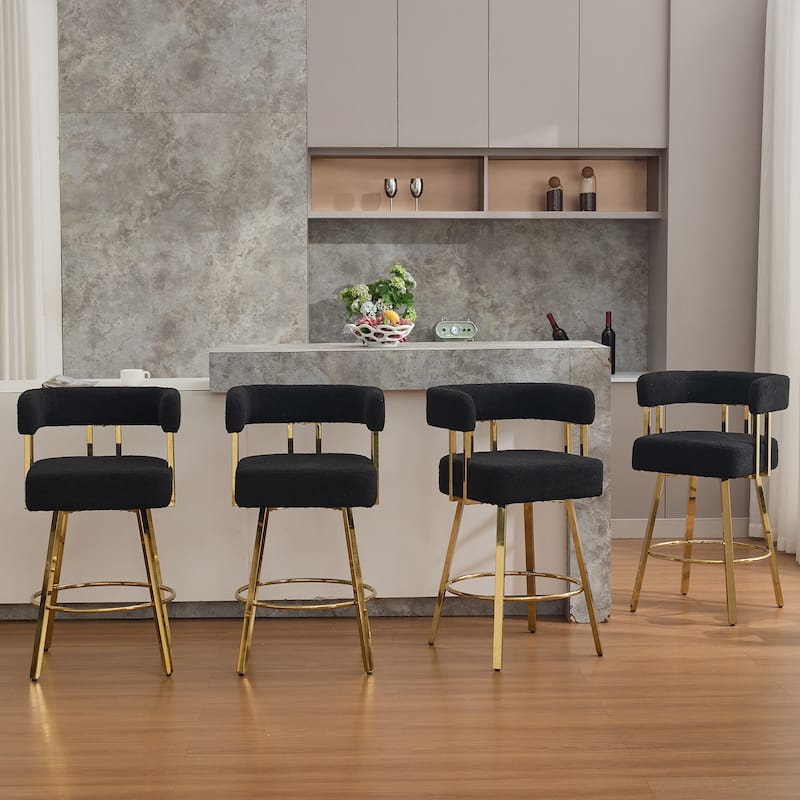 Set of 2 Modern Side Chairs, Black Teddy Fleece with Gold Metal Legs & Foot Bar, for Living Room or Office