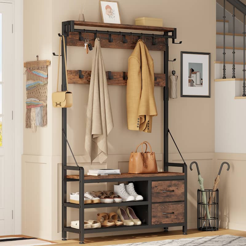 6-in-1 39.4"Hall Tree with Bench Entryway Shoe Rack w/24 Hooks & 2 Drawers