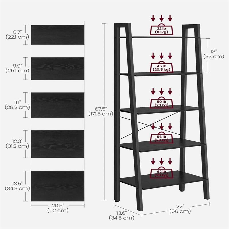 Ladder Shelf 5 Tier Bookshelf Storage Rack Bookcase with Steel Frame - 13.6"D x 22"W x 67.5"H