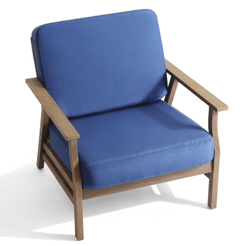 2 Set Outdoor Patio Acacia Wood Arm Chair With Cushion - Blue-2 Piece Chairs