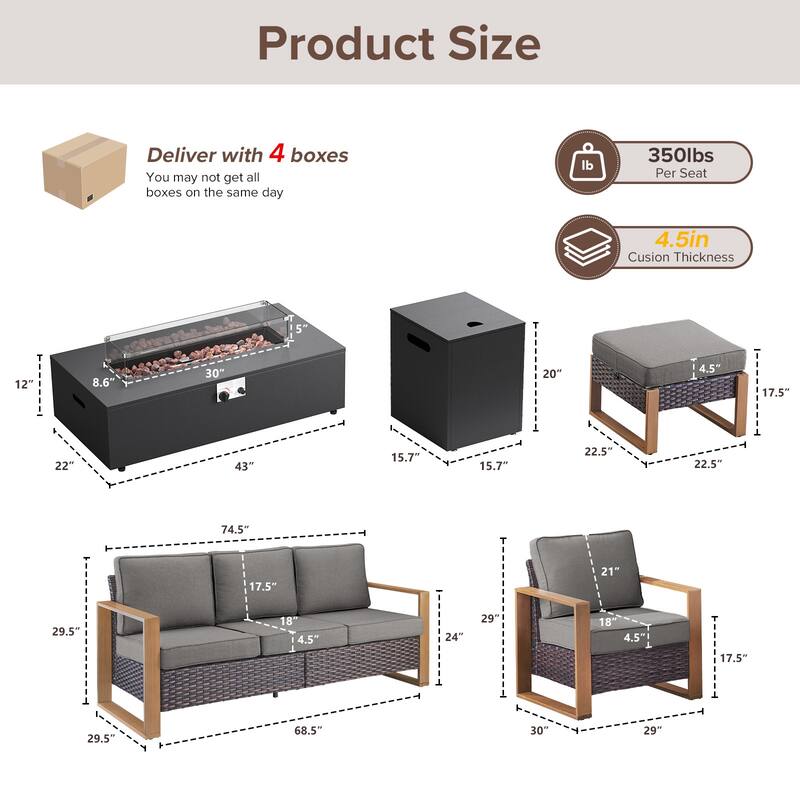 Meyreso Wicker Patio Conversation Set with Metal Fire Pit Table & 4.5-Inch Olefin Cushions