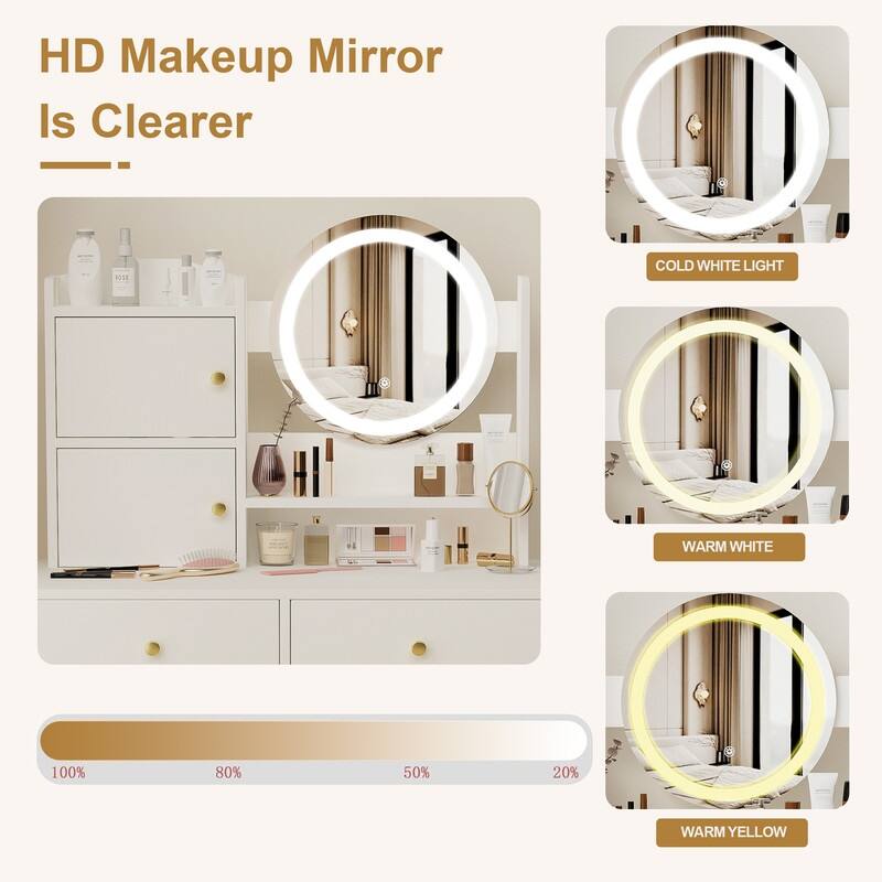 White LED Makeup Vanity Set with Mirror, Table & Cushioned Chair - 3 Adjustable Lighting Modes