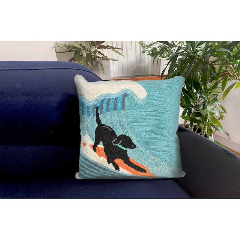 Liora Manne Frontporch Surfing Dog Indoor/Outdoor Pillow Ocean 18" Square