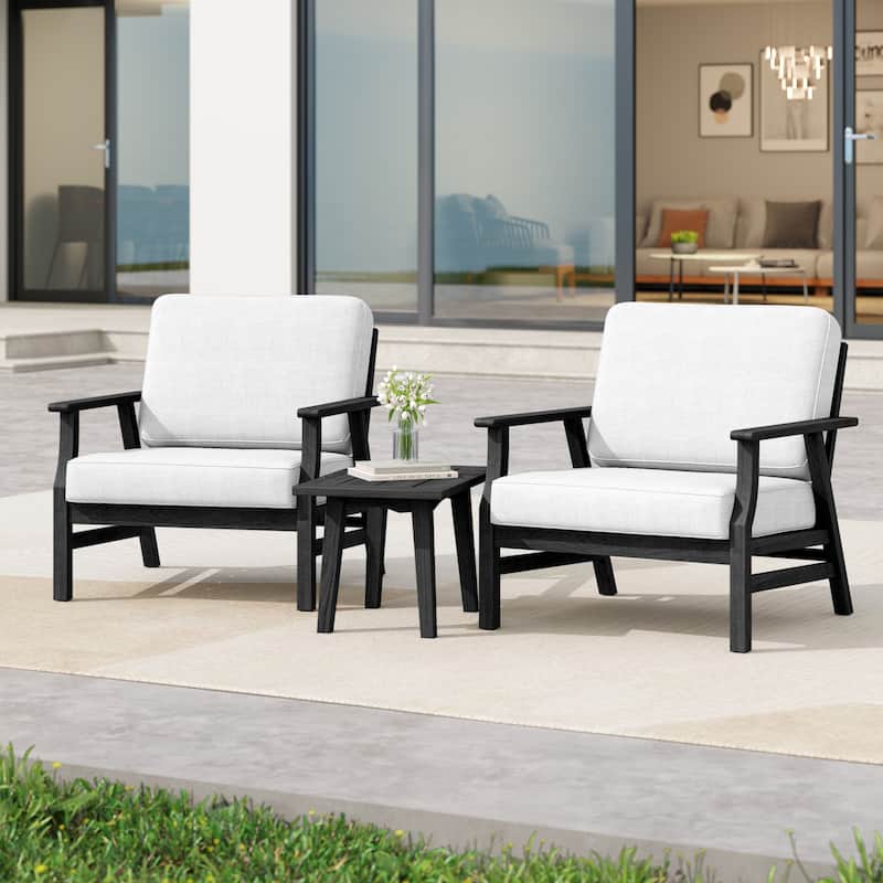 3 Piece Wood Patio Armchair Outdoor Bistro Set with Side Table - Beige-Dark Wood