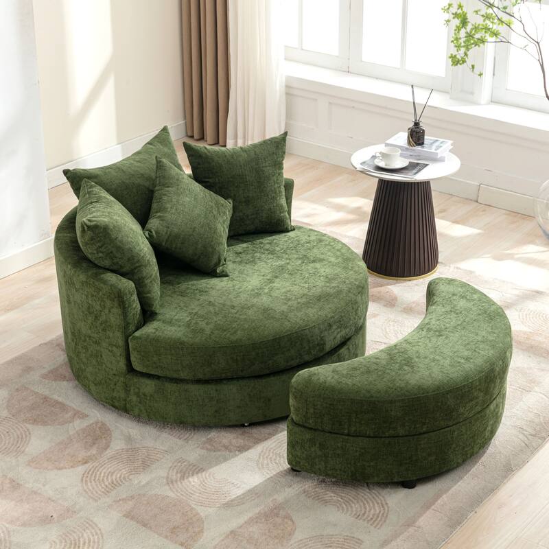 Roomfitters Modern 360° Swivel Barrel Chair with Hidden Storage Ottoman, Chenille Upholstery and Four Pillows