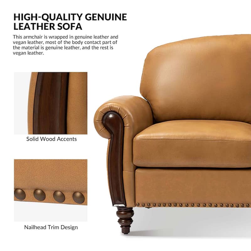 Eduard 84" Traditional Genuine Leather Sofa with Carved Wood Legs by HULALA HOME
