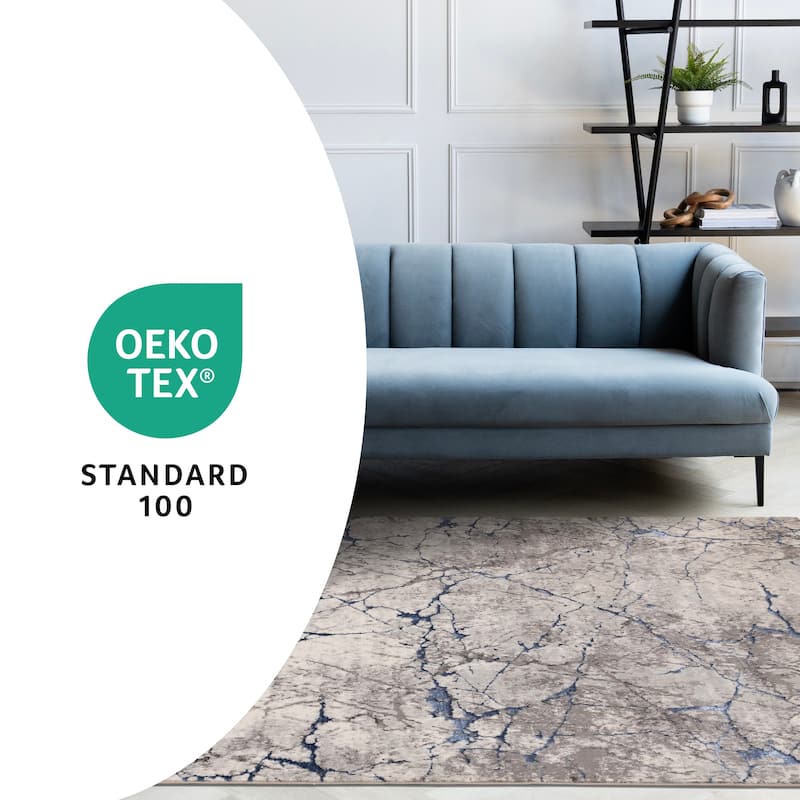 Blue Grey White Cracked Design Soft Polyester Rug