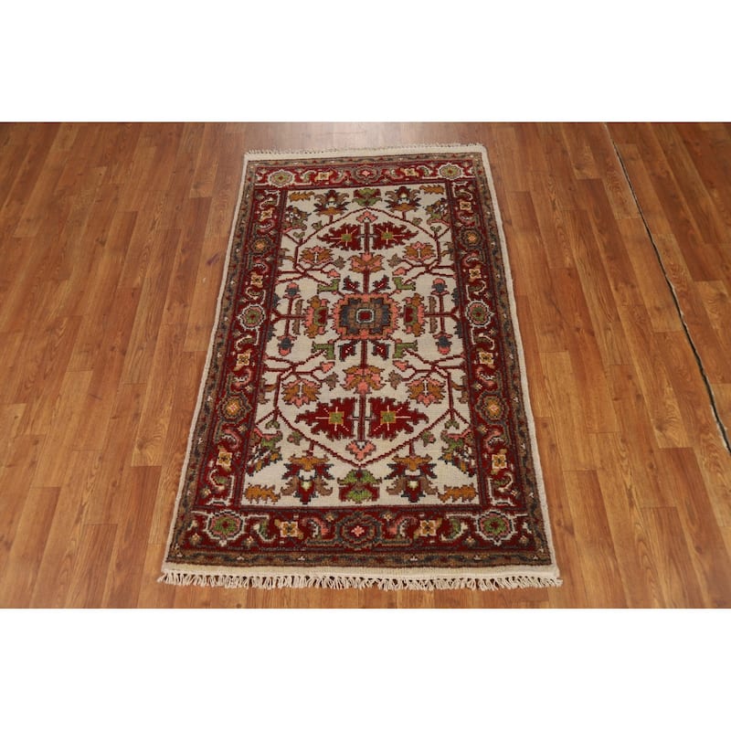 Floral Ivory Oushak Indian Foyer Rug Handmade Wool Carpet - 2'10"x 4'10"