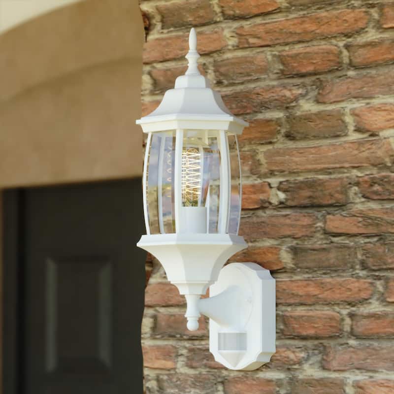 Rogers Park Aluminum 6.25-in. W 1 Light Motion Sensor Dusk to Dawn Outdoor Wall Lantern Clear Glass - Textured White - 6.5-in W x 17.75-in H x 7-in D