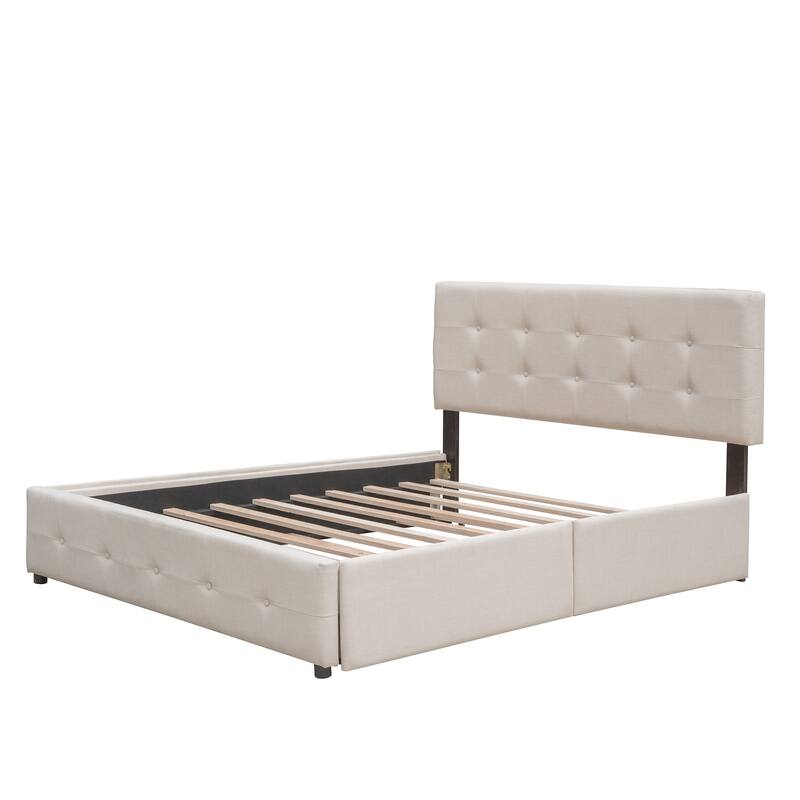 Queen Linen Tufted Platform Bed with Drawers and Trundle