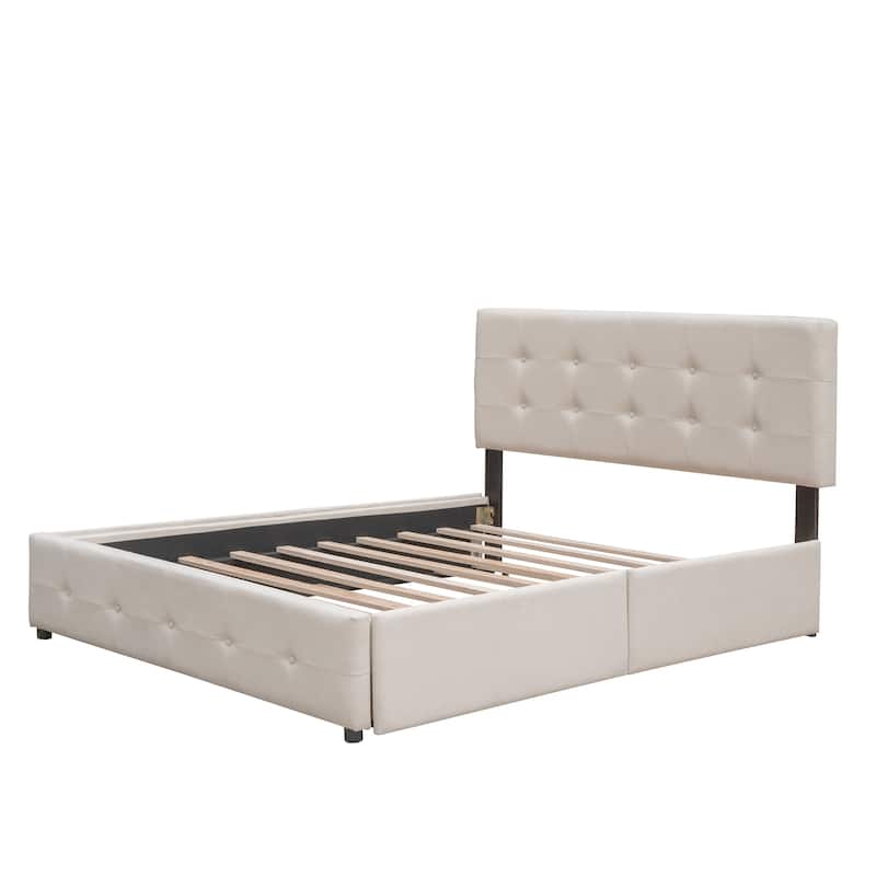 Roomfitters Queen Upholstered Platform Bed with Pull-Out Trundle, Modern Tufted Headboard