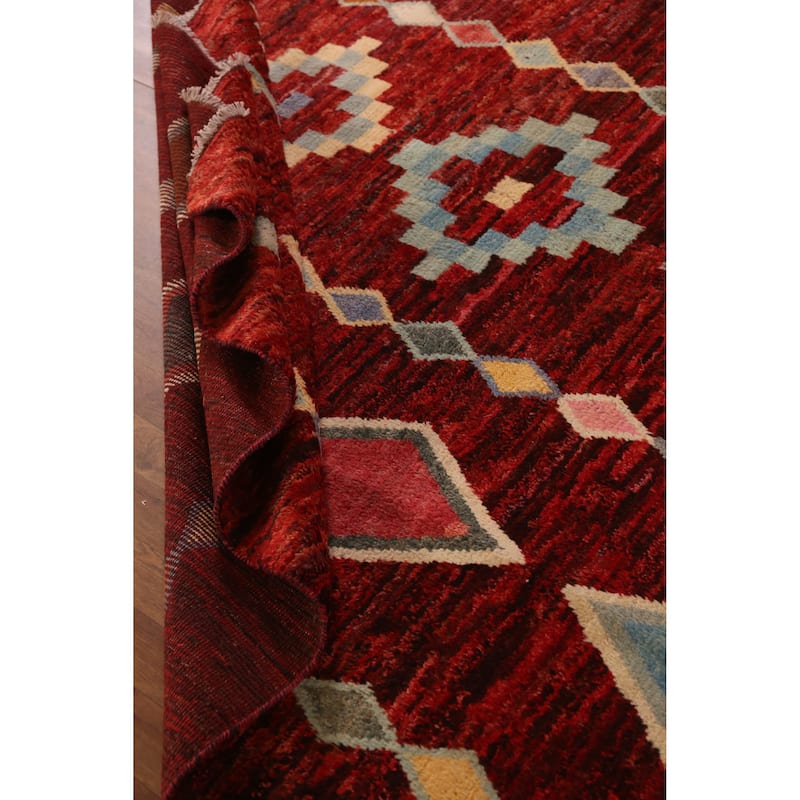 Red Geometric Moroccan Oriental Rug Hand-Knotted Tribal Wool Carpet - 8'1" x 9'9"