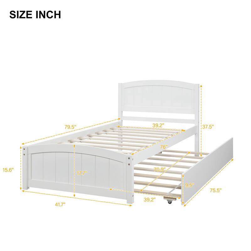 Twin size Platform bed with Trundle, White