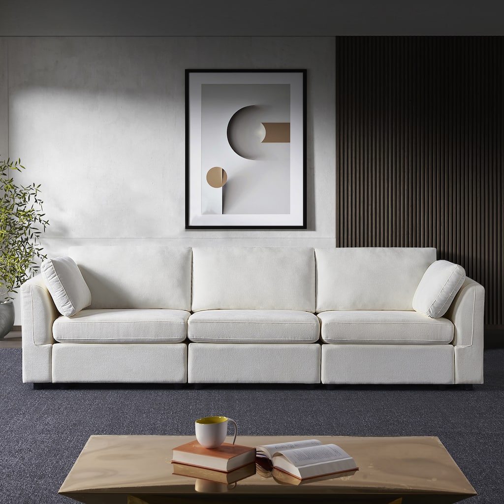 Creamy White 112.99" Chenille 3-Seater Modular Sofa with Solid Wood Frame