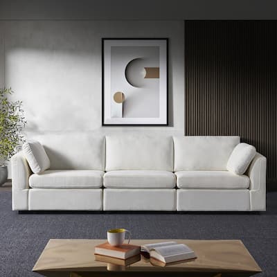Creamy White Chenille 3-seater Modular Sofa with Wood Frame