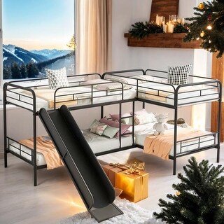 Industrial Modern Twin Size L-Shaped Bunk Bed with Slide and Ladder, 4 Beds in 1, Maximized Space & Safety Guaranteed, Black