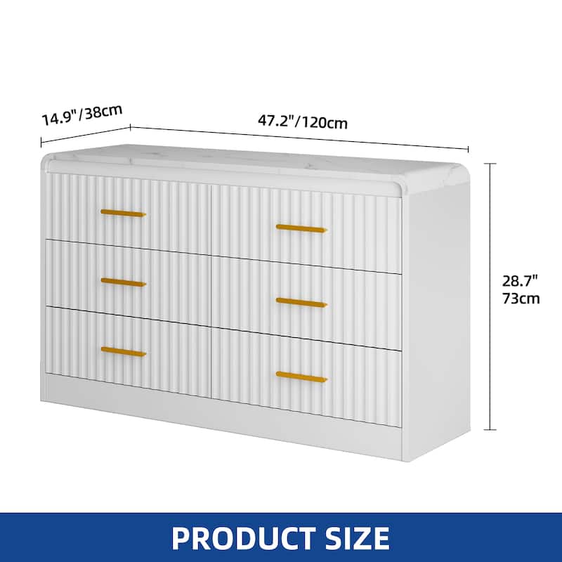 Moasis Fluted Dresser with 6 Drawers, 47" Wide Chest of Drawers with Metal Handle for Bedroom Storage Organizer