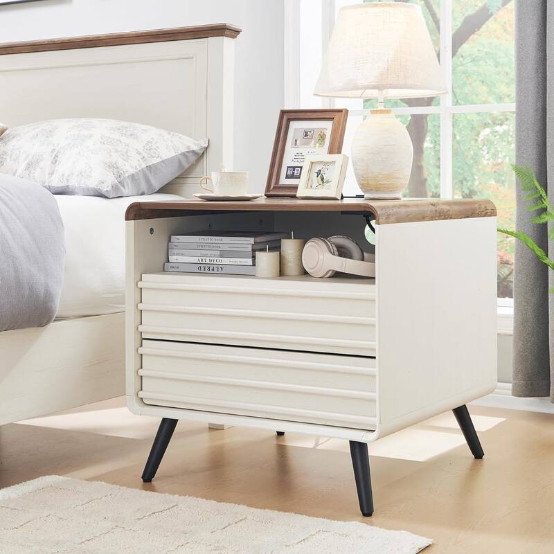 Mid Century Modern Nightstand with charging station, Wood End Table - Antuique White
