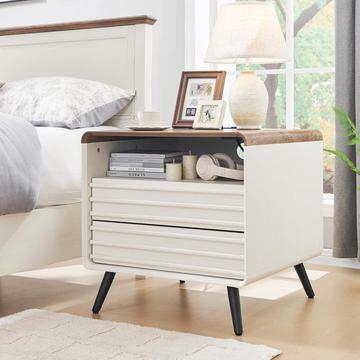 Mid Century Modern Nightstand with charging station, Wood End