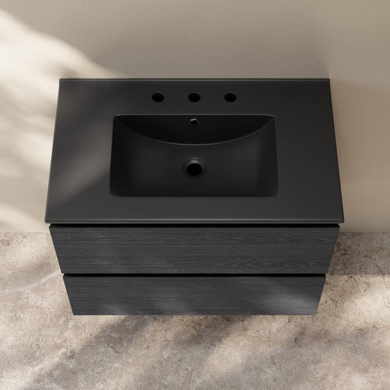 Liberte 30" Wall-Mounted Bathroom Vanity In Black Oak With Black 3-Hole Widespread Sink Top - 30