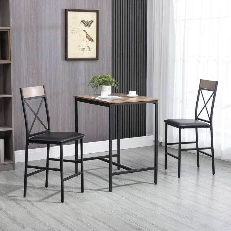 HOMCOM 3 Piece Dining Table Set, Bar Table and Chairs Set with PU Padded Stools and Steel Frame for Kitchen, Small Space, Brown - Brown