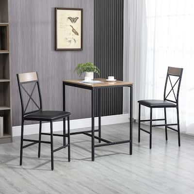 HOMCOM 3 Piece Dining Table Set, Bar Table and Chairs Set with PU Padded Stools and Steel Frame for Kitchen, Small Space, Brown