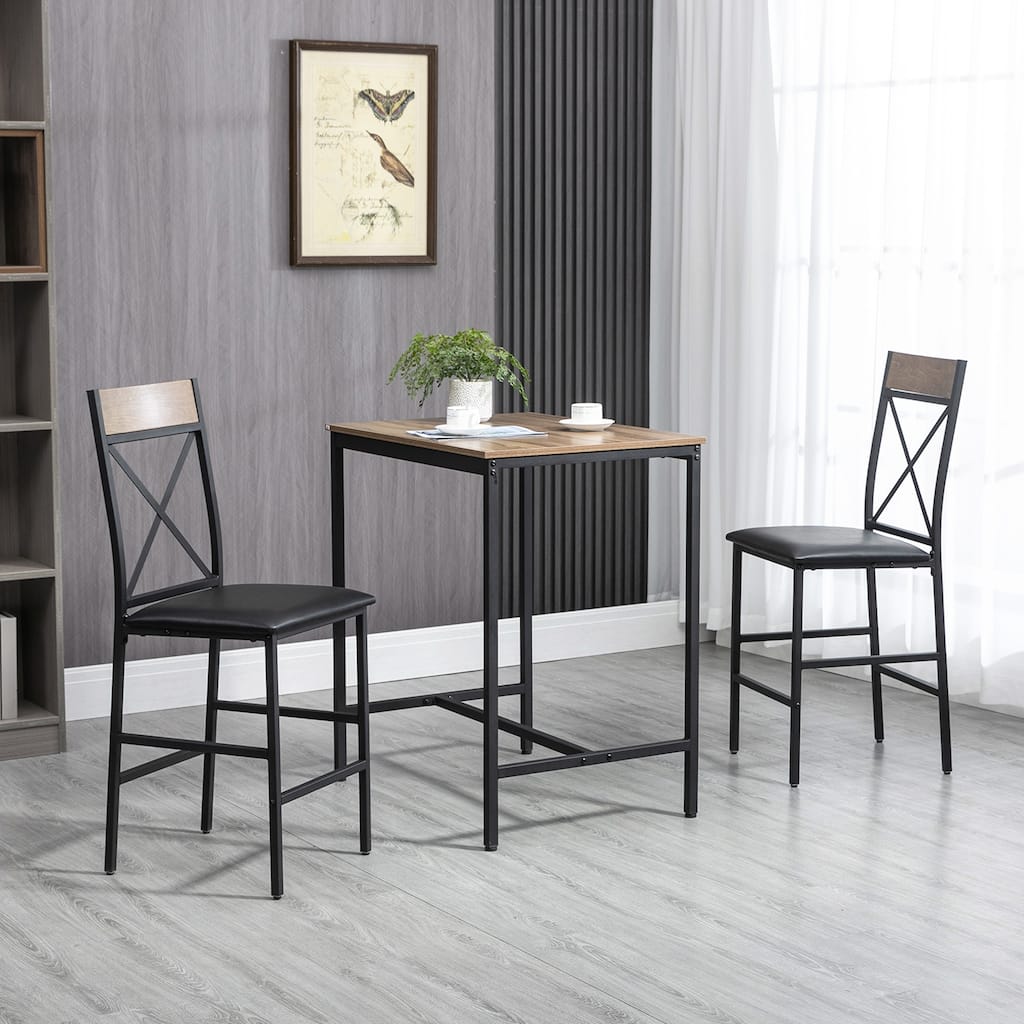 HOMCOM 3 Piece Dining Table Set, Bar Table and Chairs Set with PU Padded Stools and Steel Frame for Kitchen, Small Space, Brown