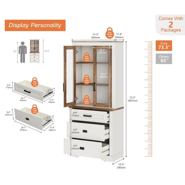 dimension image slide 3 of 9, 3 Tier Bookcase with Drawer,73.3" Tall Floor Standing Bookshelf