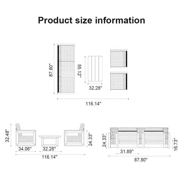 dimension image slide 10 of 32, PURPLE LEAF Caesar Outdoor Couch with 9.6" Thick Cushion and Table for Yard Porch Deck, Grey Outdoor Patio Conversation Sets