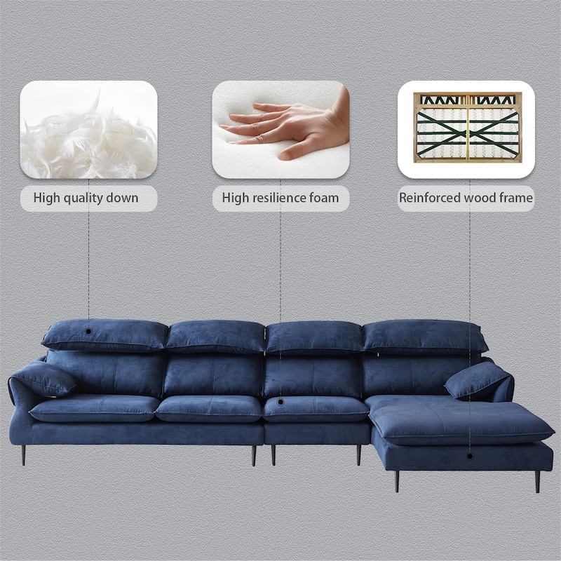Large Modern Upholstered L-Shaped Down Filled Sofa with Metal Legs