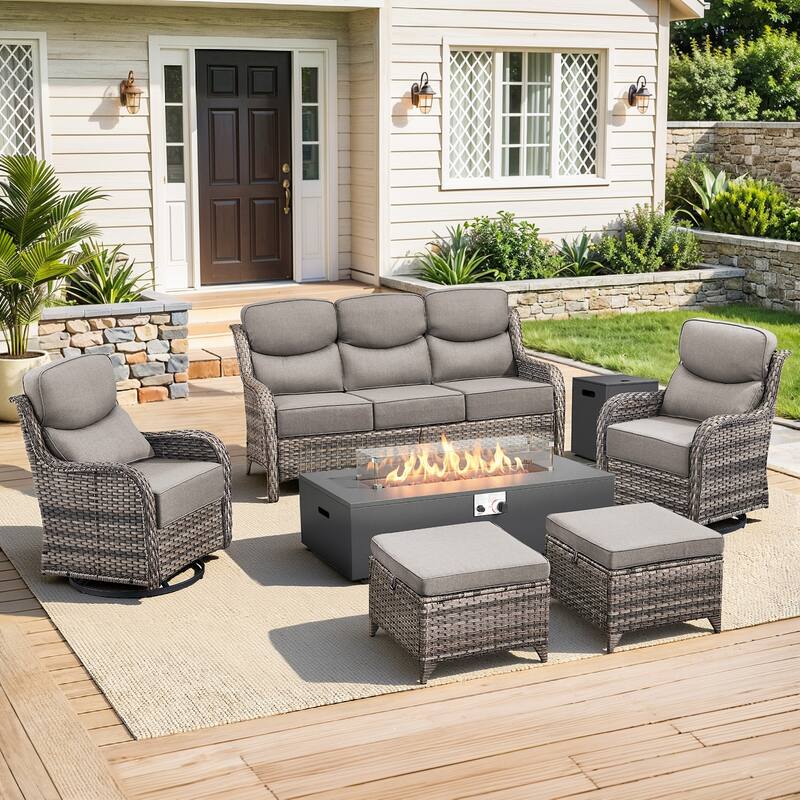 Pocassy 43" Fire Pit w/ Outdoor Sofa Swivel Chair Ottoman Set - Gray Wicker Gray Cushion - 6PCS Fire Table w/ 6-In Sofa Swivel Chair Ottoman