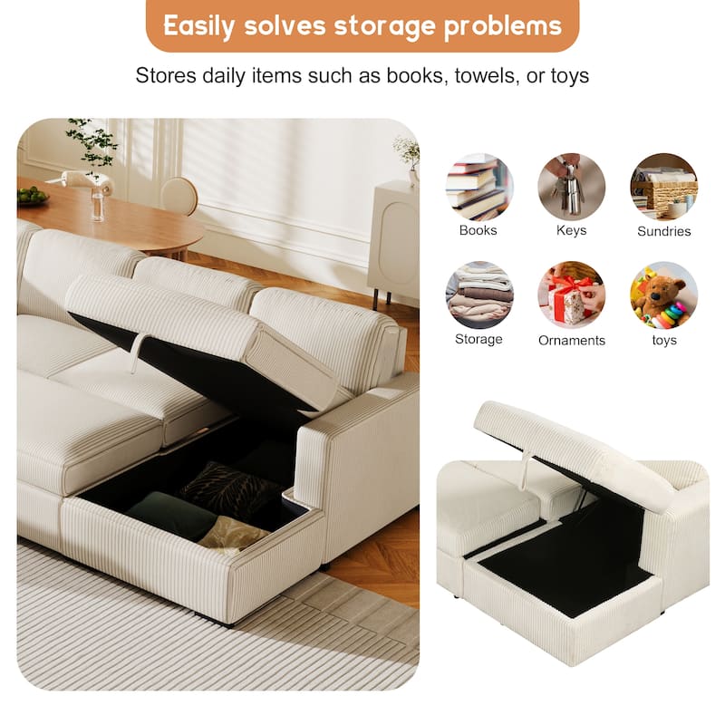 115.6" Corduroy U-Shaped Sectional Sofa with Pull-out Bed, Storage & USB Ports