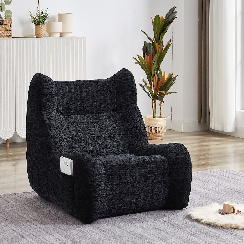 Oversized Comfy Bean Bag Chair with Armrests - Luxurious Chenille Floor Sofa for Living Room & Bedroom (Black)
