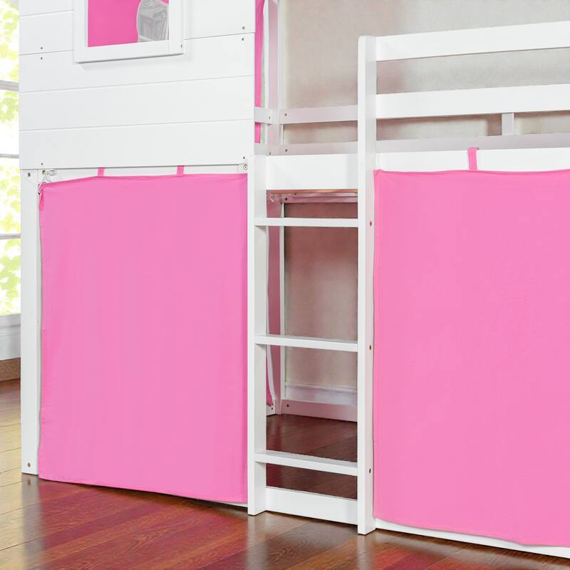 Twin/Full Wood House Bunk Bed with Tent, Playhouse Design, Windows & Roof, Solid Wood Frame, No Box Spring Required