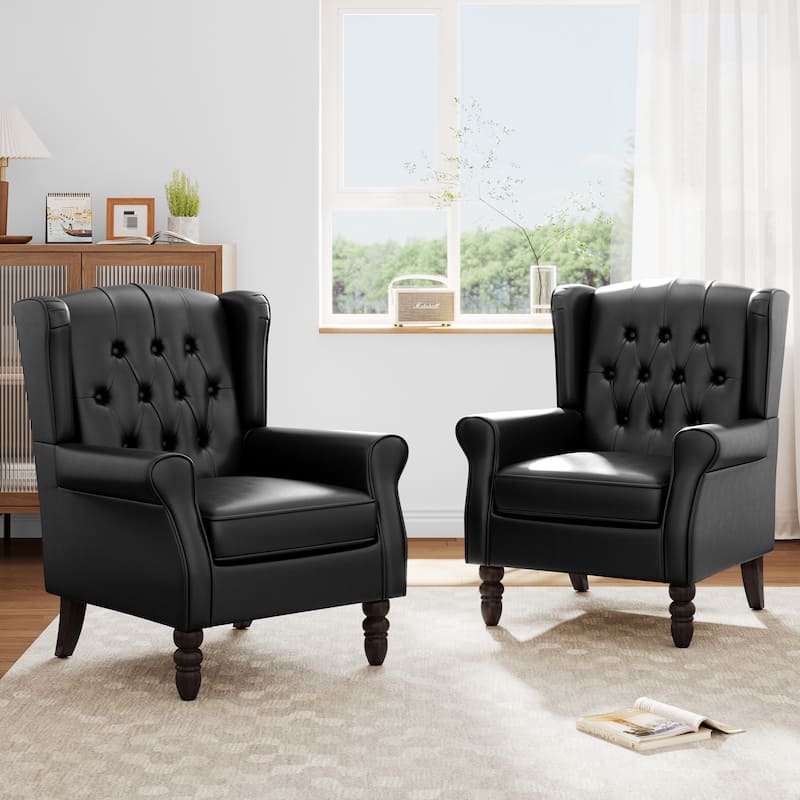 Set of 2 Vegan Leather Upholstered Button Tufted Accent Chair - Black