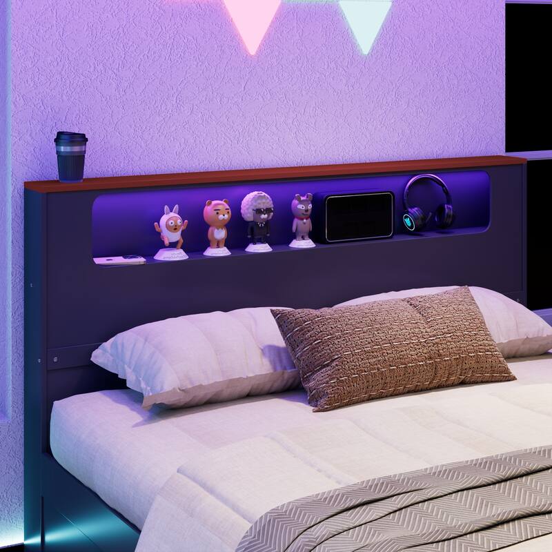Wood Daybed with Trundle & Built-in Desk, LED Lights & USB Charging Port, Available in Full or Twin