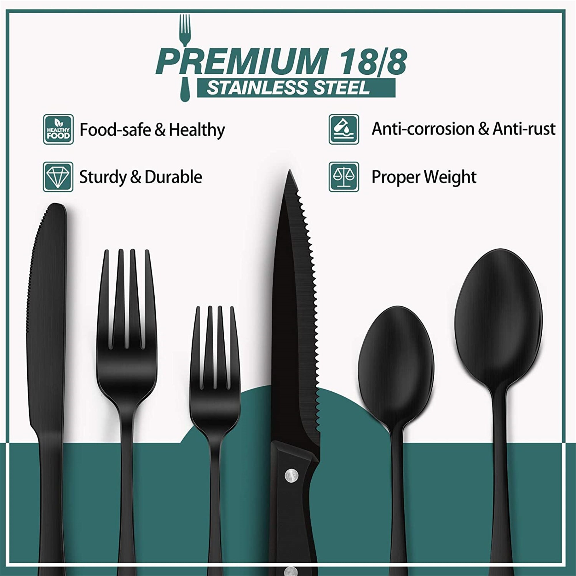 48-Piece Black Silverware Set with Steak Knives, Black Flatware Set for 8,  Fo